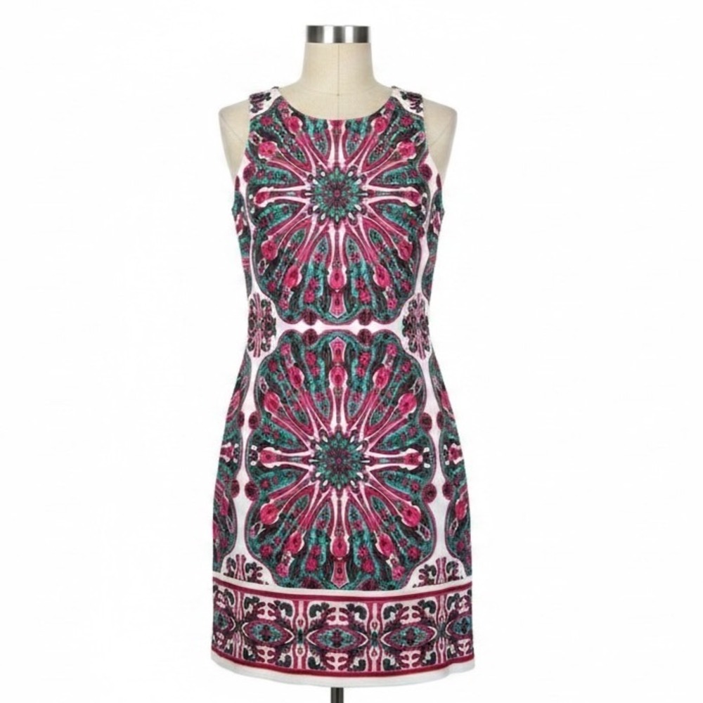 London Times Shift Dress Sleeveless Medallion Paisley‎ Pink Green White Size 4